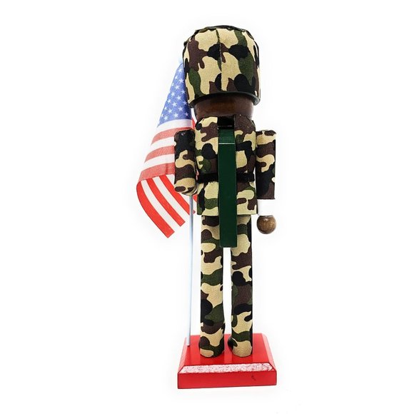 Ethnic Military Patriotic Veteran 10" Nutcracker with USA Flag - Picture 3 of 4